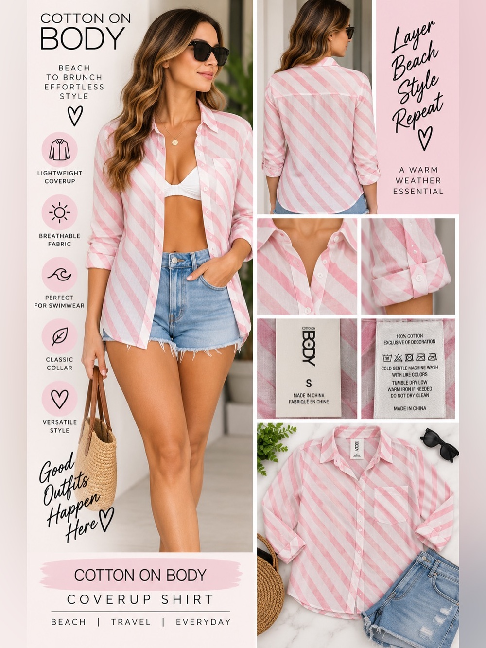 Cotton On Body Pink & White Diagonal Stripe Button-Down Coverup NEW S